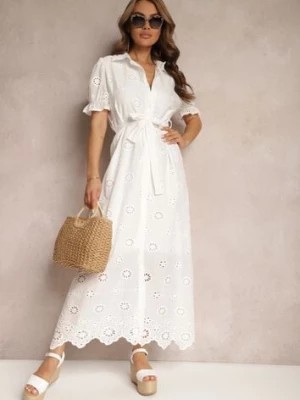 Zdjęcie produktu Biała Ażurowa Sukienka o Koszulowym Kroju z Haftem i Bufiastymi Rękawami Vianda