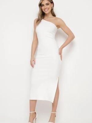Zdjęcie produktu Biała Bawełniana Dopasowana Sukienka z Prążkowanej Dzianiny na Jedno Ramię z Rozcięciem Moarita
