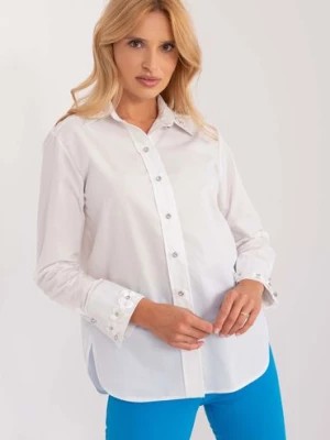 Zdjęcie produktu Biała bawełniana koszula damska z ozdobnymi kwiatkami Lakerta