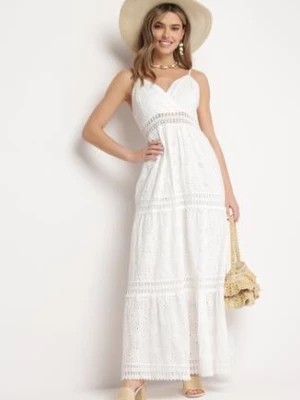 Zdjęcie produktu Biała Bawełniana Sukienka Maxi z Ażurową Talią Kopertowym Dekoltem i Haftem Mervilla