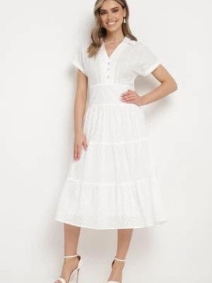 Zdjęcie produktu Biała Bawełniana Sukienka o Ażurowym Wykończeniu z Krótkim Rękawem Zapinana na Guziki Kataria