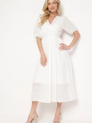 Zdjęcie produktu Biała Bawełniana Sukienka z Haftowanej Tkaniny z Gumkami w Pasie Folvira