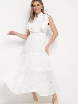 Zdjęcie produktu Biała Długa Sukienka w Stylu Boho z Ażurowym Haftem i Falbankami Cailletia