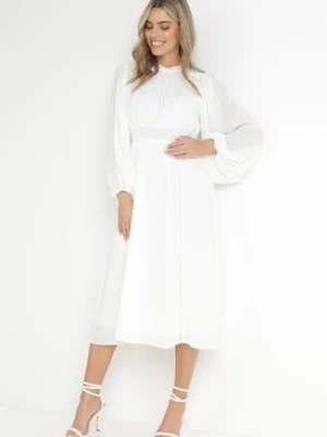 Zdjęcie produktu Biała Elegancka Sukienka Midi z Gumkami w Pasie i Ażurowymi Wstawkami Rouxia