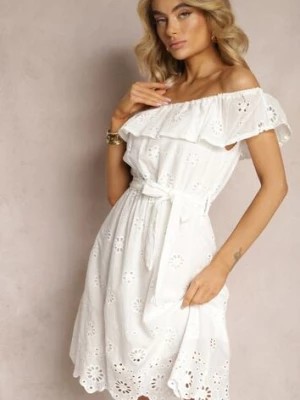 Zdjęcie produktu Biała Hiszpanka Sukienka z Haftowanym Wzorem Wiązana w Talii Florana