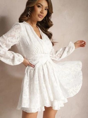 Zdjęcie produktu Biała Kopertowa Sukienka Rozkloszowana Mini z Tkaniny Plumeti Haetna