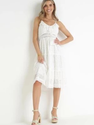 Zdjęcie produktu Biała Koronkowa Sukienka Midi na Cienkich Ramiączkach z Frędzlami Madie
