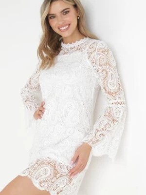 Zdjęcie produktu Biała Koronkowa Sukienka Mini z Długimi Rękawami i Kokardkami Temona