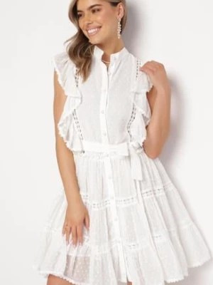 Zdjęcie produktu Biała Koszulowa Sukienka Mini z Falbankami i Wiązanym Paskiem Divertire