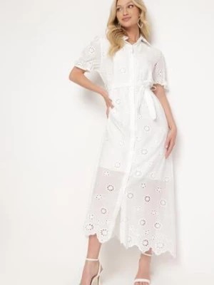Zdjęcie produktu Biała Koszulowa Sukienka z Ażurowym Haftem i Bufiastymi Rękawami Lieve