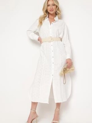 Zdjęcie produktu Biała Koszulowa Sukienka z Wiskozy i Lnu Zapinana na Guziki o Ażurowym Wykończeniu Rannesh