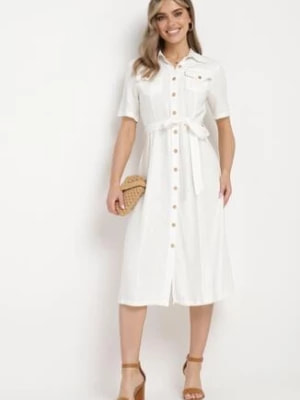 Zdjęcie produktu Biała Koszulowa Sukienka z Wiskozy z Lnem Zapinana na Guziki z Materiałowym Paskiem Fidilla