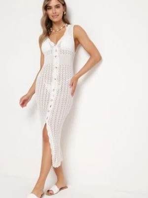 Zdjęcie produktu Biała Plażowa Sukienka Bodycon z Ażurowej Tkaniny Zapinana na Guziki Kyren