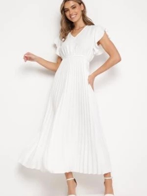 Zdjęcie produktu Biała Plisowana Sukienka Maxi Rozkloszowana z Luźnymi Rękawkami Serahpine