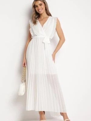 Zdjęcie produktu Biała Plisowana Sukienka Maxi Wiskozowa z Kopertowym Dekoltem i Falbankami Glimes