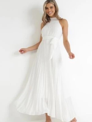 Zdjęcie produktu Biała Plisowana Sukienka Maxi z Gumką w Pasie i Rozkloszowanym Dołem Tehe