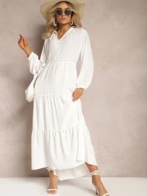 Zdjęcie produktu Biała Rozkloszowana Sukienka Maxi z Falbankami i Kołnierzykiem Rehtima