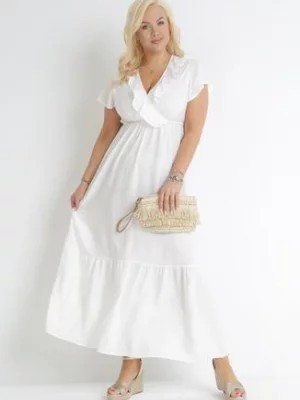 Zdjęcie produktu Biała Rozkloszowana Sukienka Maxi z Gumką w Pasie z Falbankami Aimelia
