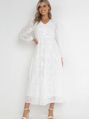 Zdjęcie produktu Biała Rozkloszowana Sukienka Maxi z Gumką w Talii i Falbanką z Haftowanej Tkaniny Donina