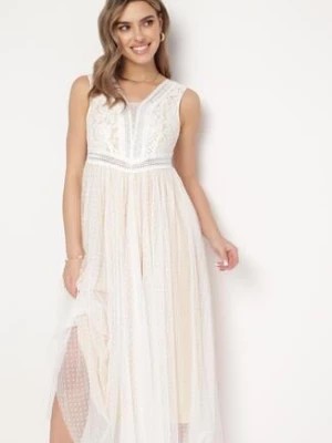 Zdjęcie produktu Biała Rozkloszowana Sukienka Maxi z Koronkową Górą i Tiulowym Dołem Gelivia