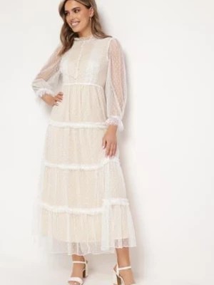 Zdjęcie produktu Biała Rozkloszowana Sukienka Maxi z Przezroczystszego Tiulu Ozdobiona Koronką Lanessa
