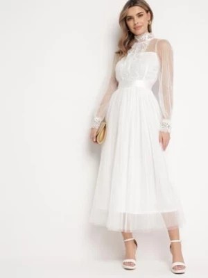 Zdjęcie produktu Biała Rozkloszowana Sukienka Maxi z Siateczki Ozdobiona Koronką Vireln