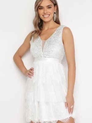 Zdjęcie produktu Biała Rozkloszowana Sukienka Mini z Tiulowym Dołem i Cekinami Uriella