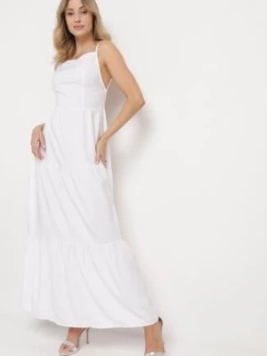 Zdjęcie produktu Biała Rozkloszowana Sukienka na Ramiączkach Zawiązywana z Tyłu z Elastyczną Gumką w Talii Grililena