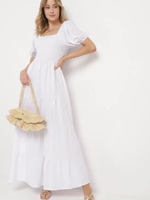 Zdjęcie produktu Biała Rozkloszowana Sukienka z Gumką w Talii i Bufiastymi Rękawami Evulla