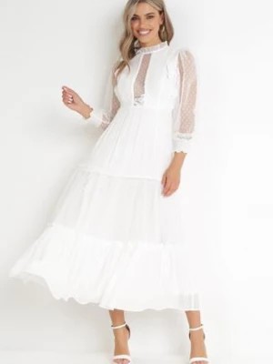 Zdjęcie produktu Biała Rozkloszowana Sukienka z Ozdobnymi Tiulowymi Wstawkami Revisa