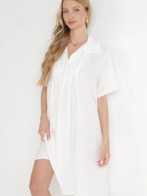 Zdjęcie produktu Biała Rozkloszowana Sukienka z Zakładkami i Kołnierzykiem Alisano