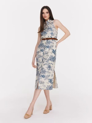 Zdjęcie produktu Biała sukienka do kolan w niebieskie wzory TARANKO