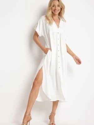 Zdjęcie produktu Biała Sukienka Koszulowa Zapinana na Guziki z Podwijanymi Rękawami Moarisa