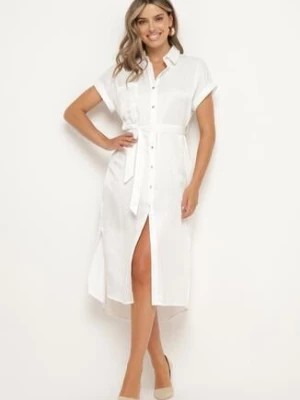 Zdjęcie produktu Biała Sukienka Koszulowa Zapinana na Guziki z Rozcięciem Wiązana Materiałowym Paskiem Nestari