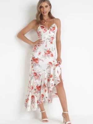 Zdjęcie produktu Biała Sukienka Maxi na Cienkich Ramiączkach z Asymetrycznym Dołem Nylas