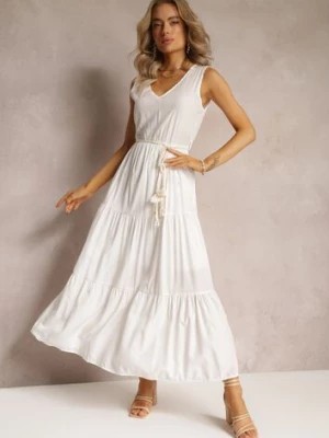 Zdjęcie produktu Biała Sukienka Maxi o Rozkloszowanym Fasonie z Ozdobnym Sznurkiem i Trójkątnym Dekoltem Zornitsa
