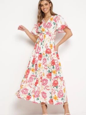 Zdjęcie produktu Biało-Różowa Sukienka Maxi z Gumką w Talii z Szerokimi Rękawami i Kwiatowym Printem Nodriala