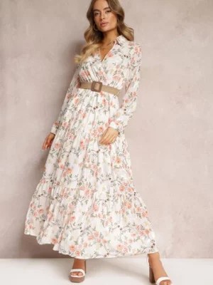 Zdjęcie produktu Biała Sukienka Maxi z Plecionym Paskiem i Gumką w Talii w Kwiaty Elanisa