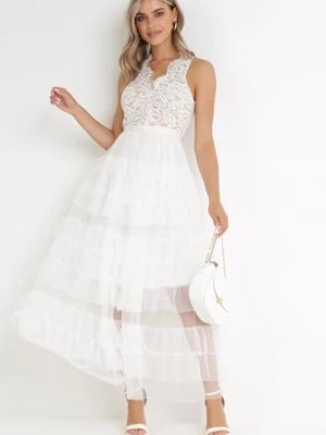 Zdjęcie produktu Biała Sukienka Maxi z Tiulowym Dołem i Koronkową Górą Deliva