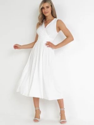 Zdjęcie produktu Biała Sukienka Midi Bez Rękawów z Plisowanym Dołem Dreana