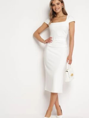Zdjęcie produktu Biała Sukienka Midi z Kwadratowym Dekoltem Revinane