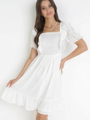 Zdjęcie produktu Biała Sukienka Mini z Falbankami przy Rękawach i Gumką w Pasie Nevitta
