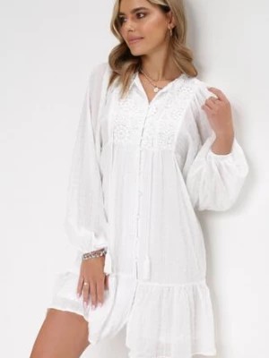 Zdjęcie produktu Biała Sukienka Mini z Ozdobnym Wiązaniem i Koronką Menet