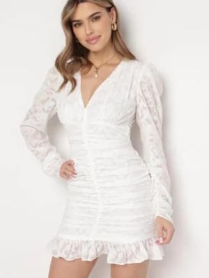 Zdjęcie produktu Biała Sukienka Mini z Tkaniny Plumeti z Marszczeniem Werenia