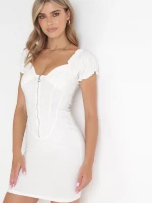 Zdjęcie produktu Biała Sukienka Mini Zapinana na Suwak z Bufiastym Rękawem Jerusa