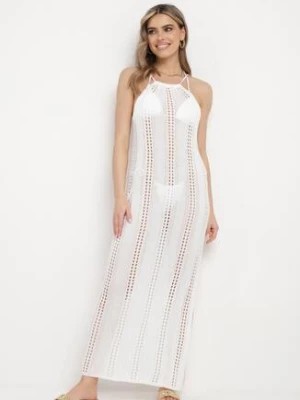 Zdjęcie produktu Biała Sukienka o Ażurowym Wykończeniu z Głębokim Rozcięciem Horacilla