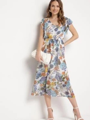 Zdjęcie produktu Biało-Niebieska Sukienka Rozkloszowana Midi w Kwiatowy Print Nelettia