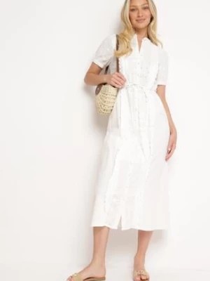 Zdjęcie produktu Biała Sukienka Rozkloszowana z Bawełny Wiązana w Talii Ozdobiona Koronką Mleiana