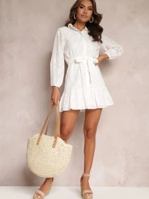 Zdjęcie produktu Biała Sukienka z Bawełnianej Haftowanej Tkaniny Wiązana w Talii Roselia
