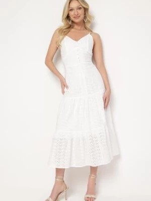 Zdjęcie produktu Biała Sukienka z Bawełny na Cienkich Ramiączkach z Haftowanej Tkaniny z Gumkami z Tyłu Nellarae